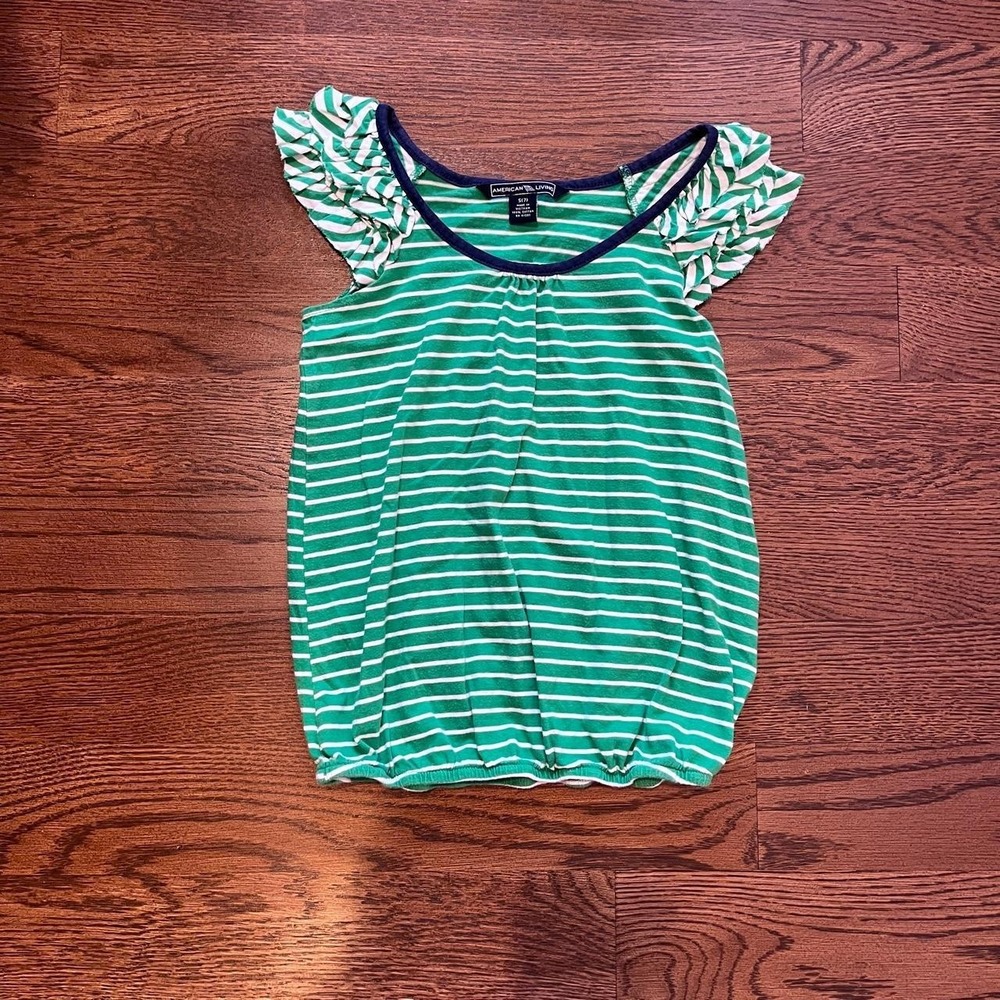 🍟Y2K Kids Green Striped Flutter Sleeve Bubble Hem Top Twee Size S